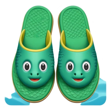 slightly green rubber pool slippers with carp eyes on the top and fish tail in the back sticker