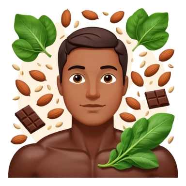 Relaxed male figure surrounded by floating foods: large pieces of shiny dark chocolate prominently displayed, with spinach leaves, almonds, and seeds. Soft light connecting these magnesium-rich foods to muscles and nervous system, showing a soothing effect on the man's body. sticker