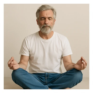 grey-haired and bearded white man meditating, wearing a white t-shirt and blue jeans, simple background sticker