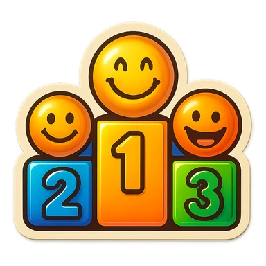 Fix the podium numbers so they are in order 2, 1, 3 from left to right. Keep the cheerful emoji style with vibrant colors and playful expressions. sticker