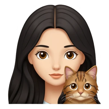 A beautiful girl with long black hair and  a brown long haired tabby sticker