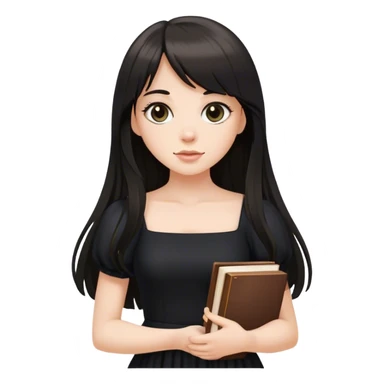 Beautiful white girl, with dark very long hair with bang, wearing black dress, holding books sticker