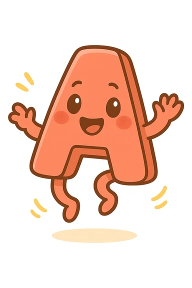 Add a jumping animation to the letter A, preserving the cartoonish style with bright colors and a transparent background. sticker