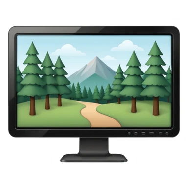 Minimalistic flat vector icon, iOS style, thin black contour on white background. Computer monitor with a simple forest scene on the screen (trees, minimal landscape). Clean, no text, no shadows sticker