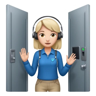 a girl walking through the door into a computer room in an organized manner sticker