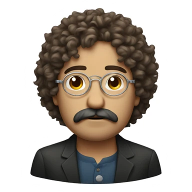 sad man with brown curly hair silver circular glasses and moustache sticker