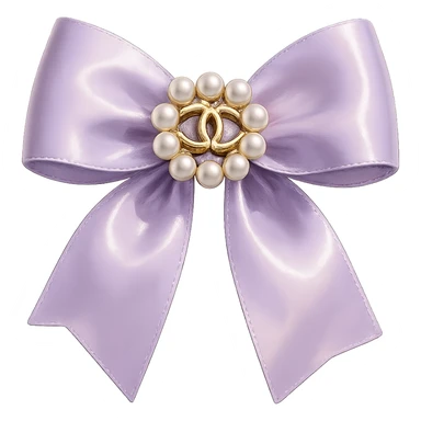 Remove the background, keep only the elegant bow with pearls and gold Chanel logo, glossy, pastel colors, realistic style, with no background. purple sticker