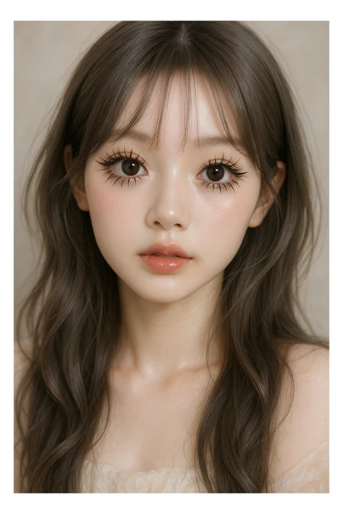 korean douyin makeup girl, brown-gray hair, large doe eyes, dramatic spider lashes, angelic expression, glowing skin sticker