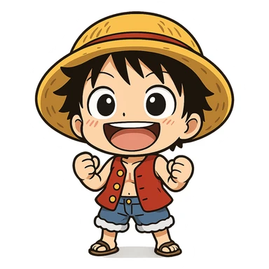 chibi Luffy with straw hat, big eyes, and red vest, looking excited, chibi style, cute character sticker