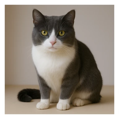Remove about 40% of the cat's hair to make it less fluffy. Keep the fur only gray on top with no stripes, white nose and underbelly. Realistic style with lifelike details. sticker