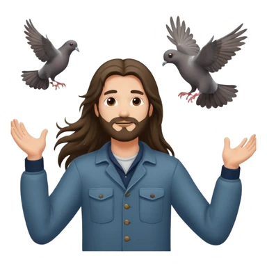 long haired man open arms looking at a flying pigeon sticker