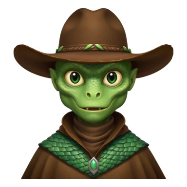 Portrait of a reptilian alien cowboy with textured scales, slit pupils, sharp jawline, dark brown cowboy hat, leather poncho, intense gaze, warm desert lighting, hyper realistic, shallow depth of field, cinematic western atmosphere
 sticker