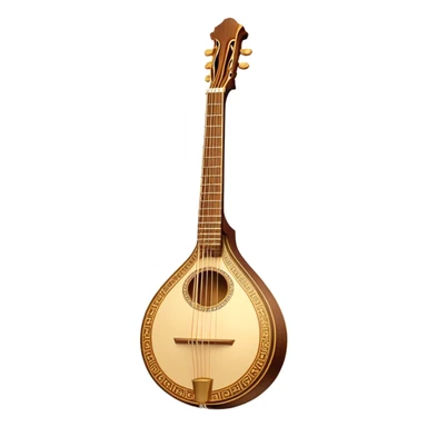 Bouzouki – Cinematic Realistic Bouzouki, depicted as a beautifully crafted Greek string instrument with a long neck and ornate fretwork, its polished wooden body reflecting warm golden light, set on a rustic background with soft shadows that evoke traditional Mediterranean music. sticker