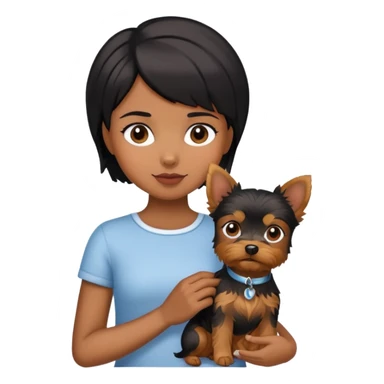 A black short-haired girl holding a Yorkshire Terrier sticker