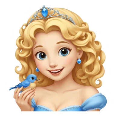 Cinematic Adorable Cinderella Portrait Emoji, Giggling softly while holding a tiny bluebird, golden curls bouncing, eyes sparkling with joy, wrapped in a soft golden glow, exuding warmth and charm, an irresistible blend of beauty and playfulness! sticker