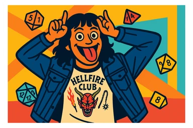 Eddie Munson in vibrant toon style, wide aspect ratio (16:9), making a playful face with hands as horns and tongue out, surrounded by floating Dungeons & Dragons dice, lighter vivid colors and dark outlines. sticker