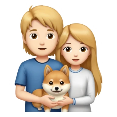 A long-haired girl -and- a boy -holding- a Shiba Inu sticker