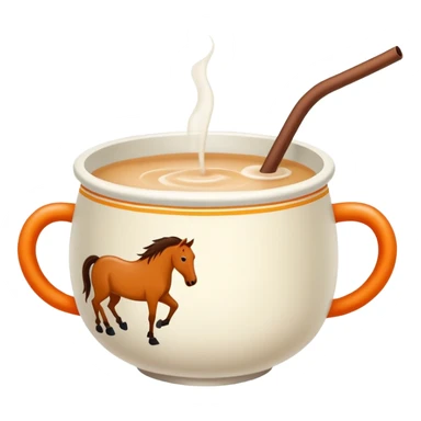 Mongolian milk tea bowl with horse-shaped handle, simplified emoji style with bold outlines and bright colors, cartoon style traditional nomadic drink sticker