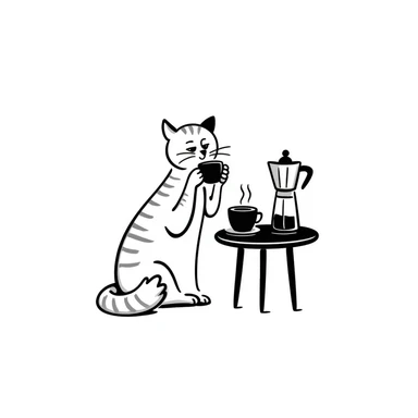 ginger cat drinking coffee, hand-drawn lines sticker