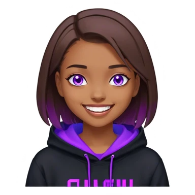 brown haired girl with a bob and blue eyes wearing black hoody with violet letters "Lu", laughs. Cyberpunk style. Violet neon. sticker