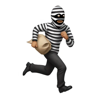 A robber in striped black and white clothes with a black eye mask on running away with a brown sack of money on his back  sticker