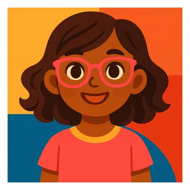girl with medium brown hair and brown eyes, wearing pink glasses, modern friendly illustration style sticker