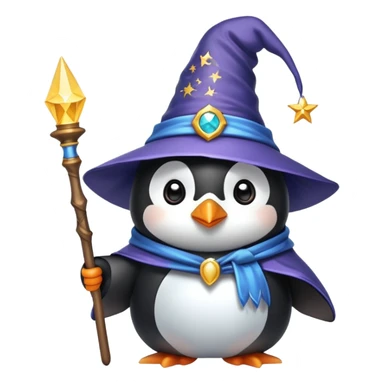 A cute penguin dressed as a wizard with a pointy hat and holding a magic wand sticker