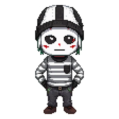 character with black and white striped shirt, black beanie, black mask over eyes sticker
