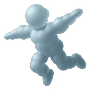 flying person with body and limbs made of small white fluffy clouds, matte glass style, no background, simple pose sticker