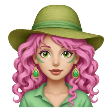 pink haired very long curly haired woman with full face light green clay mask  and big earrings and hat sticker