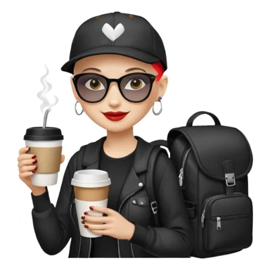 ["A happy woman with light skin, bald, wearing a baseball cap and sunglasses, dressed in goth fashion, is drinking coffee while holding a backpack."] sticker