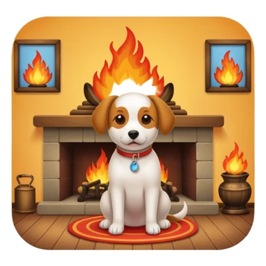 Dog sitting in room with fire sticker