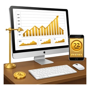 Mach mir einen schreibtisch mit einem bildschirm drauf wo mann einen Chart sieht von Gold sticker