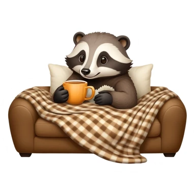 A cozy badger lounging on a plush couch, holding a cup of tea, with a warm blanket draped over its legs, surrounded by soft pillows, in a relaxed and comfy setting. sticker