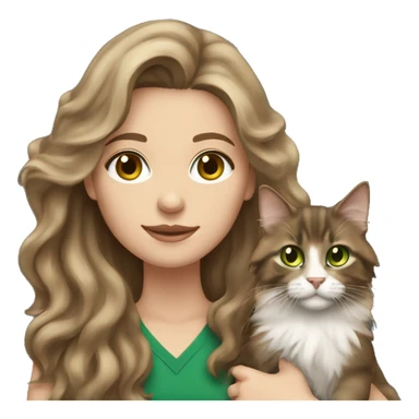 White brunette long wavy hair woman with green eyes holding a brown Maine coon cat  sticker