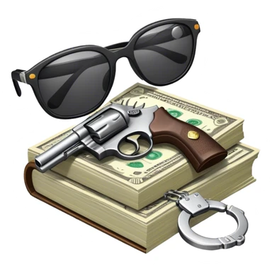 Icon for Action & Crime Reading: an open book, a revolver, handcuffs. Surrounding elements include a dark alley, a police badge, and a pair of sunglasses. The icon should evoke tension, suspense, and action. a stack of cash. Transparent background. sticker