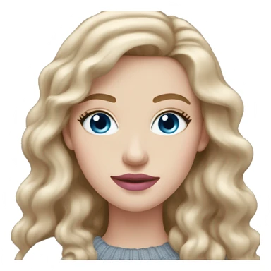 Woman with long wavy dark blonde hair, blue eyes, pale skin, long eyelashes, pink lipstick, pink blush, gray sweater sticker