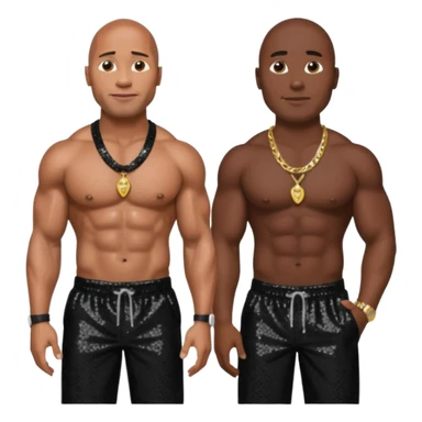 Dwayne Johnson with black sequin baggy pants, shirtless with necklace, dark brown hair sticker