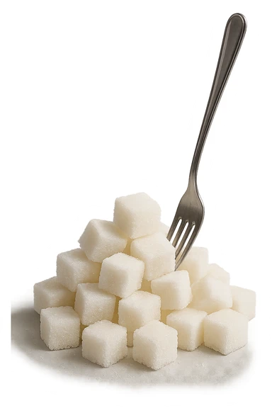 monagna di zollette di zucchero con una forchetta appizzata sopra, iperrealistico 4k sticker