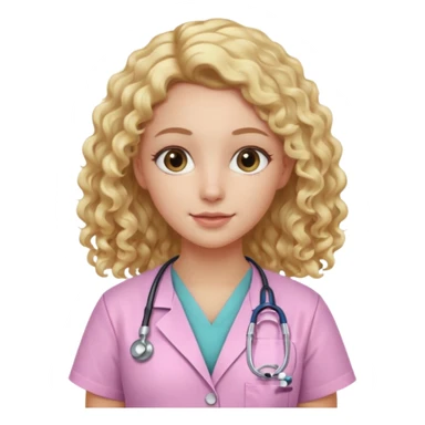 Apple-style emoji of a young woman with long, soft blonde curly hair, wearing light pink medical scrubs

 sticker