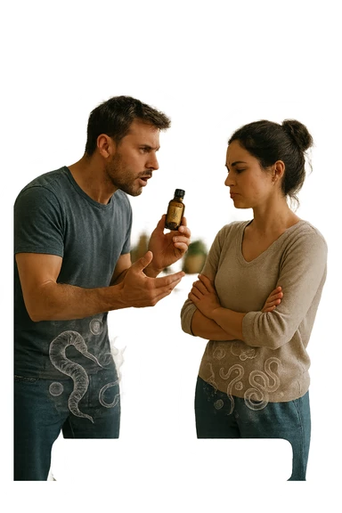 A highly realistic, cinematic photo of a young couple in their early 30s having an argument in a bright modern kitchen. The man, athletic build, wearing a casual T-shirt and jeans, is speaking firmly with a raised hand holding a small amber glass bottle labeled with a subtle herbal symbol, saying 'Andiamo a fare il trattamento antiparassitario' with a determined expression. The woman, with long dark hair tied in a messy bun, casual home outfit, crosses her arms with an angry, defensive expression, replying 'Ti ho detto di no! Io non ci credo!' while slightly turning away. Tension is visible in their body language, with the man leaning forward trying to explain and the woman leaning back, her eyebrows furrowed. Around them, subtle ghostly overlays of microscopic parasites are faintly visible near their abdominal areas, symbolizing the hidden reason for the argument. The kitchen is bright and modern with plants and natural light, contrasting the emotional tension. The style is hyperrealistic with warm tones and shallow depth of field focusing on their facial expressions, illustrating the conflict between belief in natural treatments and skepticism within the couple regarding hidden parasitic infections. in italiano sticker