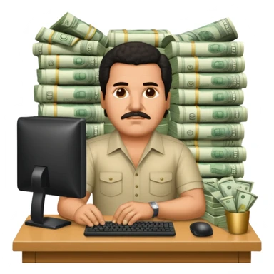 drug lord Pablo escobar using computer with money wallpaper as background sticker