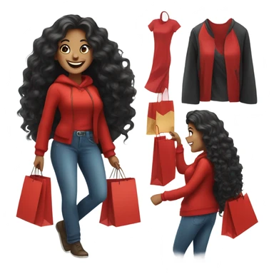 A happy woman with long black hair, big smile, holding shopping bags, curvy figure, festive red outfit sticker
