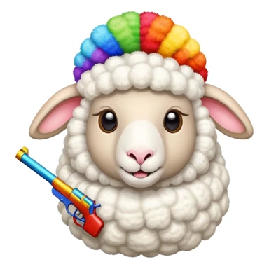 a sheep holding two guns and wearing a childish colorful propeller hat  sticker