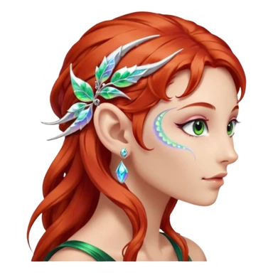 portrait of red haired Elvish fae shiny sparkly iridescent translucent diaphanous ear climber ear cuff sticker