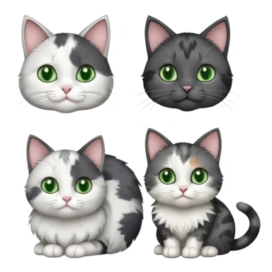 3 different coloured small cats including a dark grey and white, and a patchy calico and a completely solid dark grey with green eyes and only white paws sticker