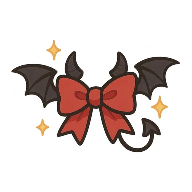 devil bow, red and black, small horns on the bow, pointed ends, mischievous vibe, bat wings, sparkles sticker