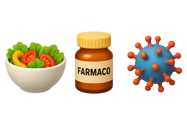 EMOJI STILE IPHONE DI una bowl di insalata, una boccetta di farmaco con la scritta "FARMACO" SULLA BOCCETTA E UN VIRUS, FLUTTUANO IN ARIA, IPERREALISTICO 4K sticker
