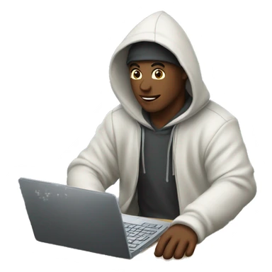 a hooded computer science student coding with his laptop sticker