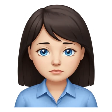 40 yr old woman, blue eyes, long straight dark brown hair, business shirt, chubby, bangs, long hair, tired sticker